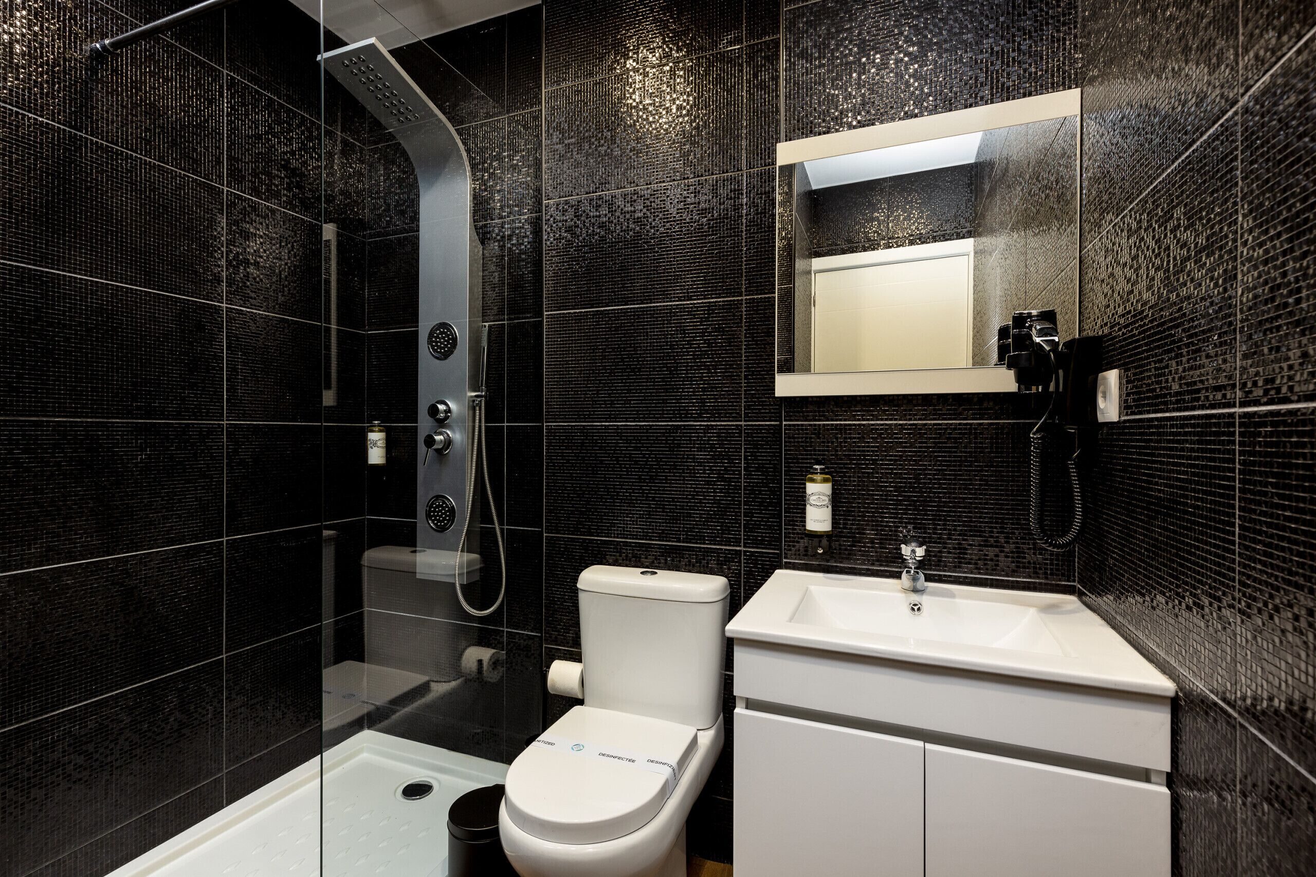 Shower, hair dryer, towels