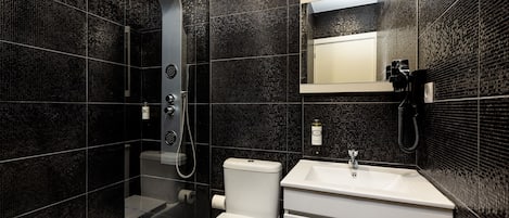 Shower, hair dryer, towels