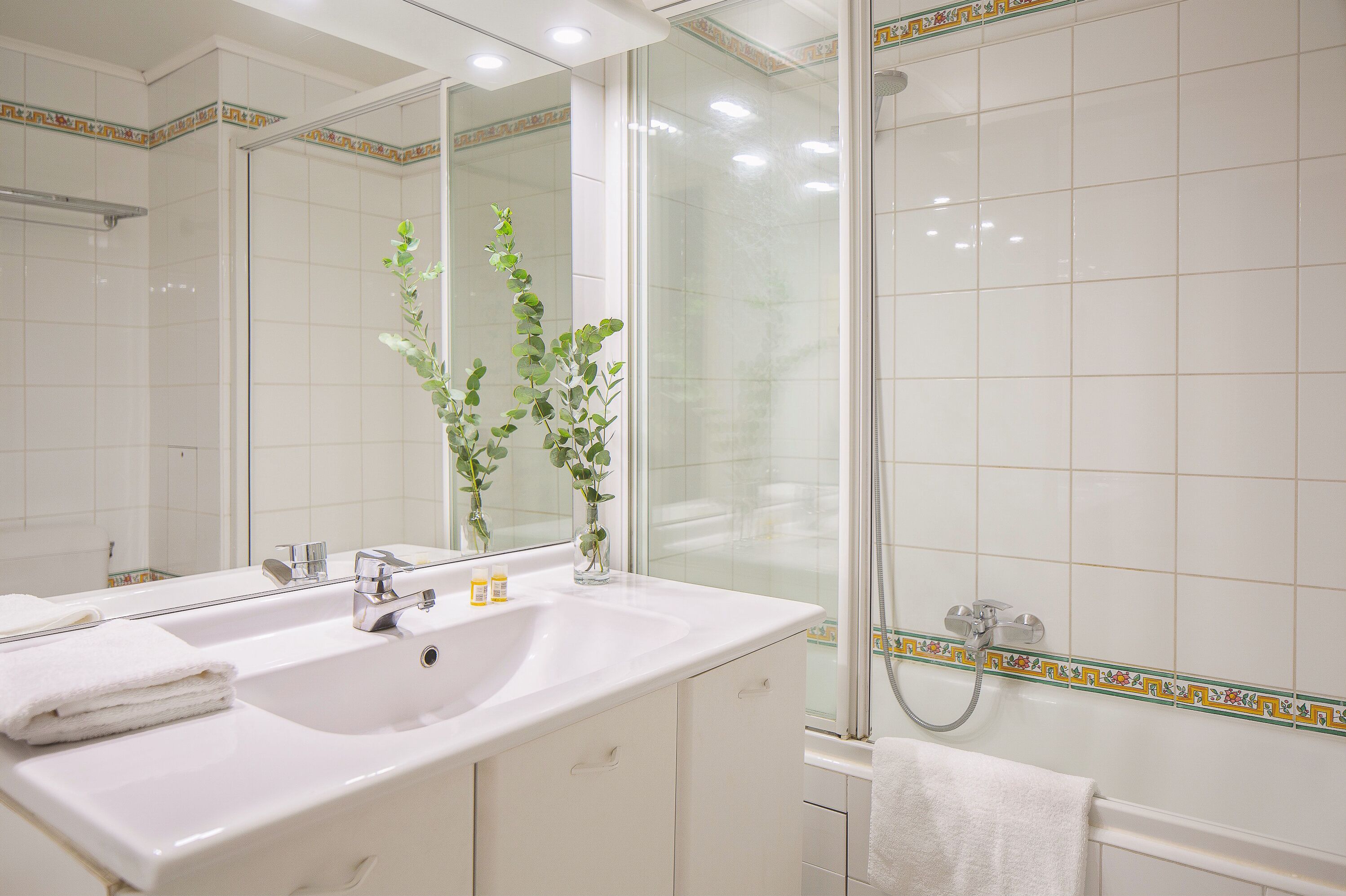 superior room, garden view | bathroom | hair dryer, towels, shampoo, toilet paper