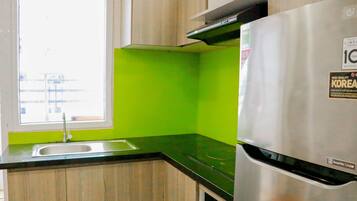 Fridge, microwave, oven, electric kettle