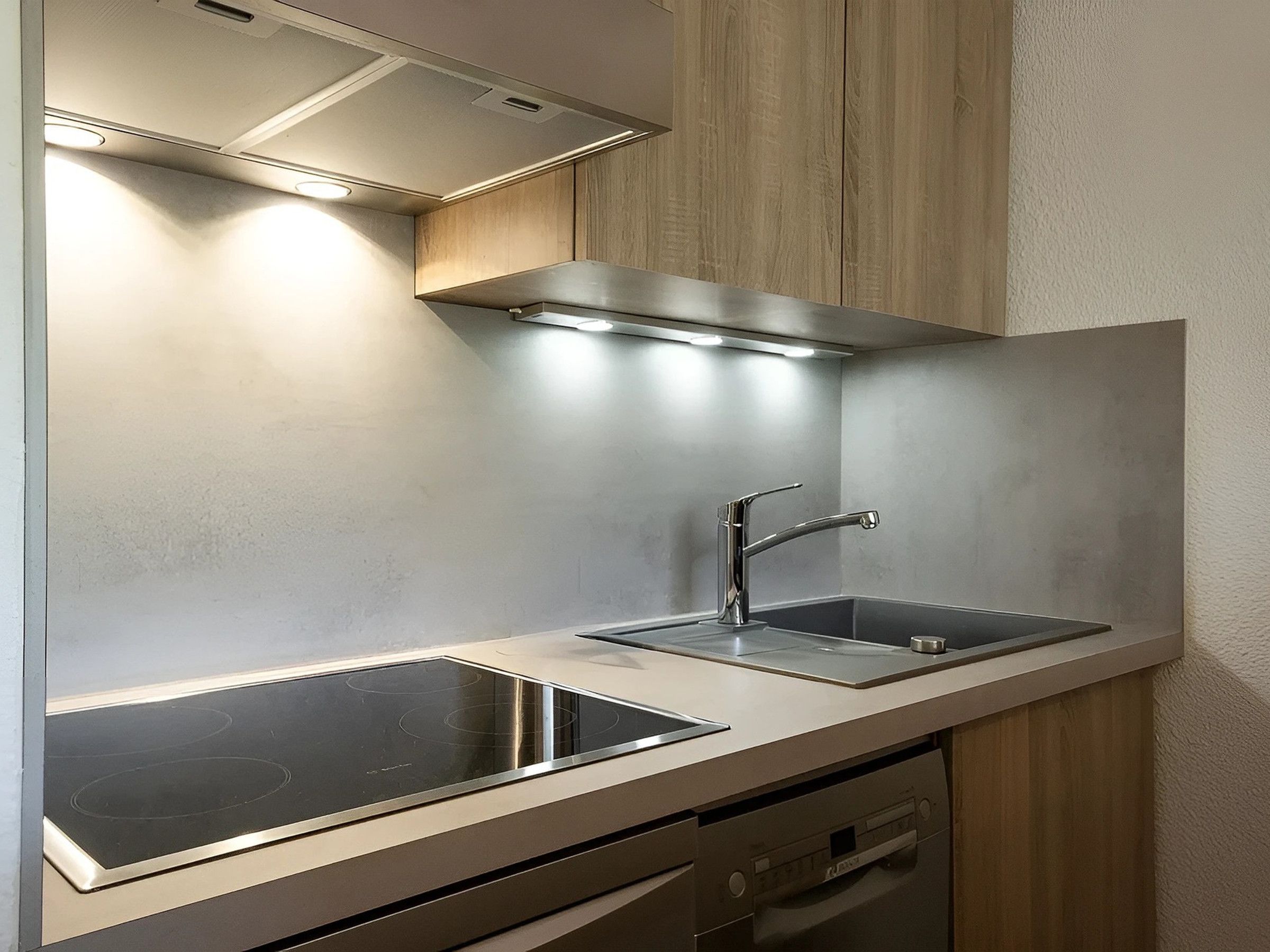 A modern kitchen with two stainless steel sinks, a built-in stovetop, and a hood above the sink.