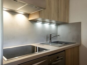 A modern kitchen with two stainless steel sinks, a built-in stovetop, and a hood above the sink. - Cozy studio with pets allowed, near slopes and shops (La Clusaz)