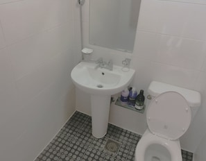 Un baño con lavamanos blanco, espejo e inodoro. El suelo presenta un diseño de baldosas con motivos.