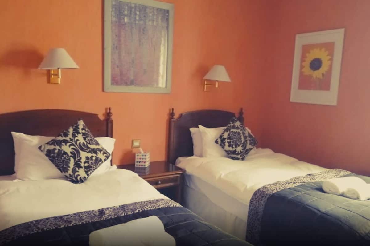 Ein Hotelzimmer mit zwei Einzelbetten, jeweils mit Kopfstütze, weißer Bettwäsche und dekorativen Kissen. An den Wänden sind Lampen angebracht und über den Betten hängt ein gerahmtes Kunstwerk.