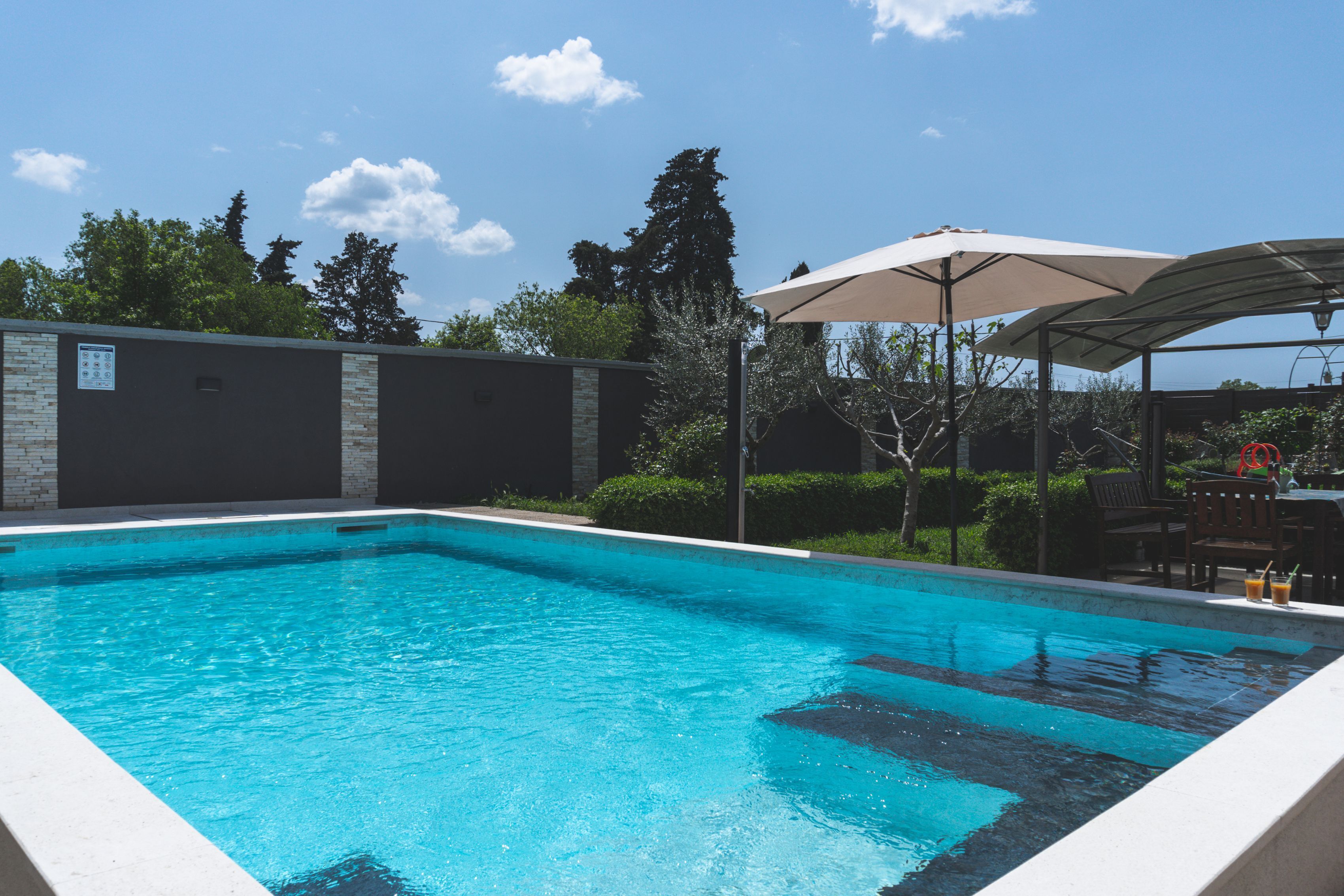 Une piscine rectangulaire à l’eau d’un bleu limpide, entourée d’un mur de briques et de verdure.