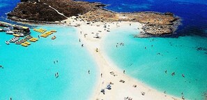 Ovenfra ses en strand med krystalklart turkis vand, en sandstrand og flere gule både fortøjet tæt på kysten.
