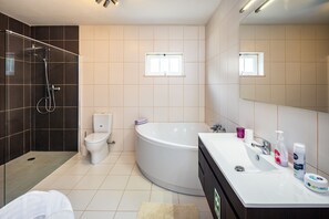 Combined shower/tub, hair dryer, bidet, towels