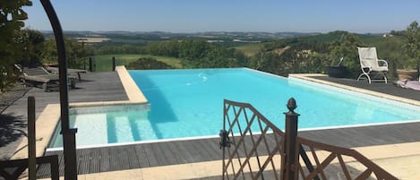 Seasonal outdoor pool, pool loungers