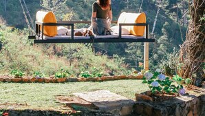 A person sitting on a swing chair overlooking a lush forested valley. - Manuel Manor (Labukele)
