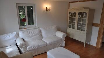 TV, DVD player, video library, stereo