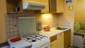 Une cuisine de taille réduite équipée d’une cuisinière à gaz, d’un évier et d’un four à micro-ondes.