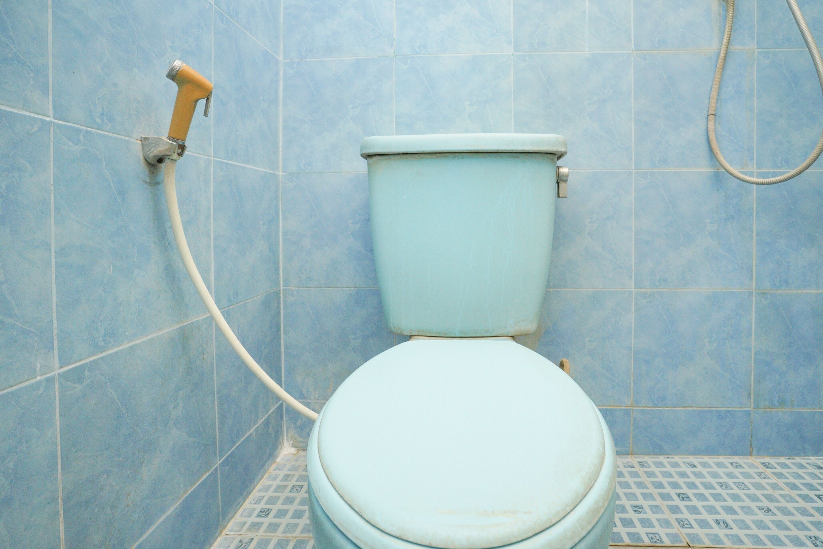 A bathroom with a toilet, a shower hose, and tiled walls.
