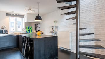 Panoramic Apartment, 1 Bedroom | Private kitchen | Full-sized fridge, microwave, oven, stovetop