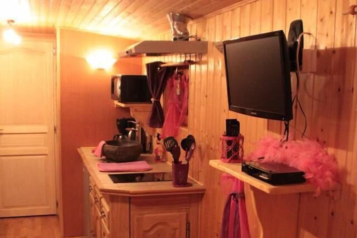 A cozy room with wooden walls and a wooden ceiling, featuring a small kitchen area with a microwave, a coffee maker, and a shelf with a television.