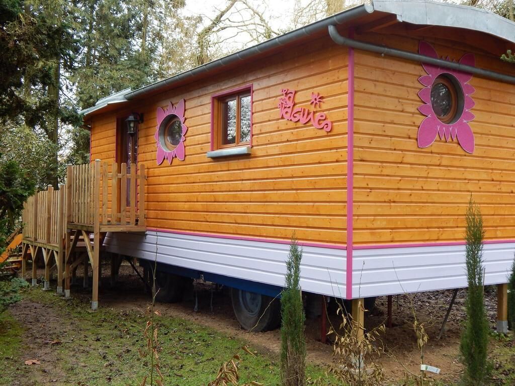 Een houten blokhut met twee ramen, een deur en een klein terras.