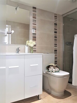 Hair dryer, towels, soap, shampoo