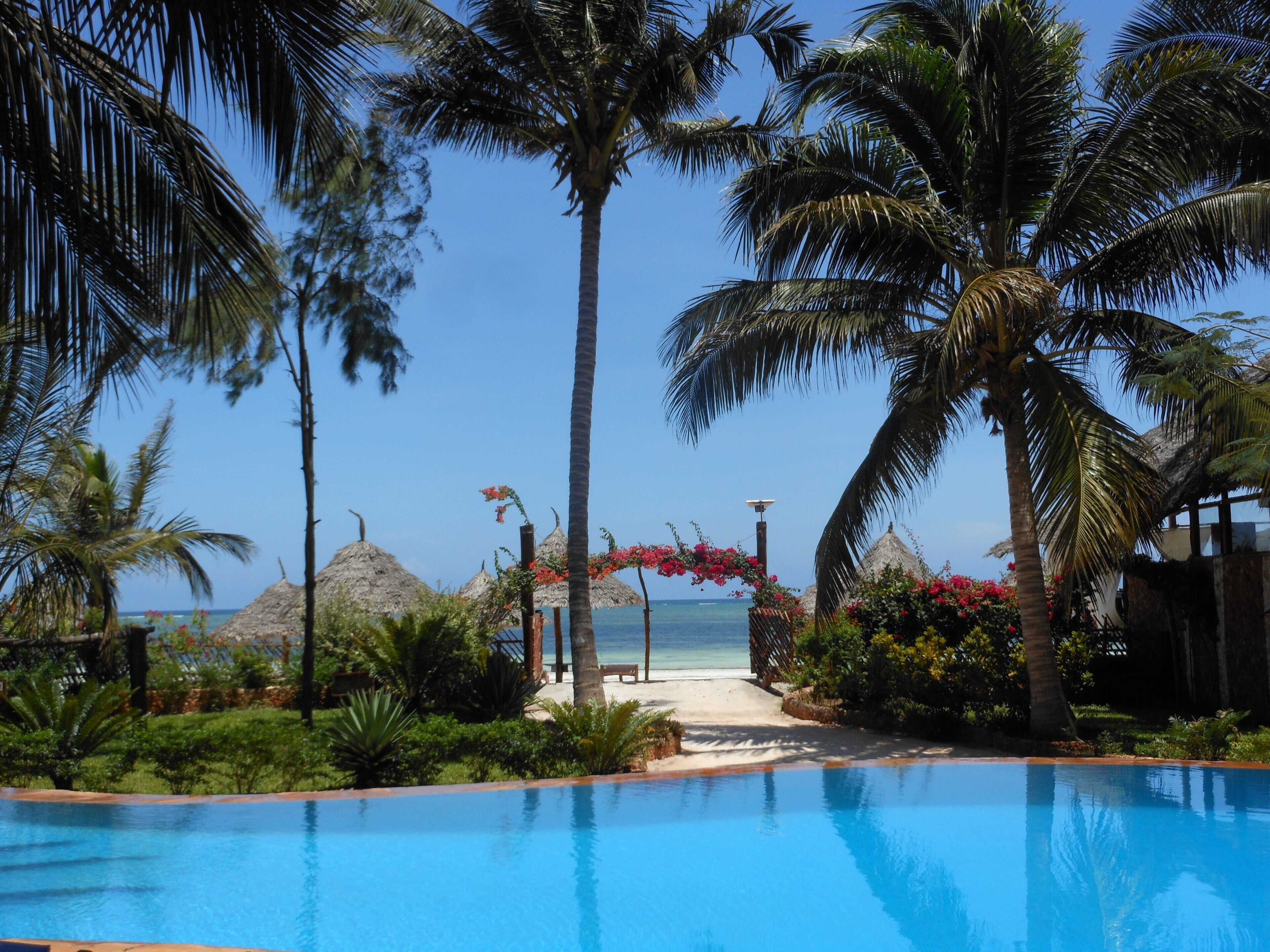 A pool area with palm trees, a beach, and thatched-roof structures.