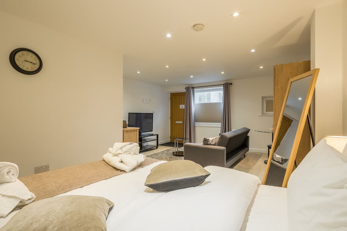 A hotel room with a bed, a TV, a sofa, and a mirror.