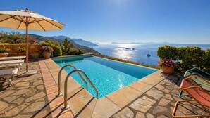 A swimming pool with a view of the sea, a sun umbrella, and outdoor furniture. - AMORE RENTALS - Villa Raffaella with Private Pool and Sea View (Sant´Agata sui Due Golfi)