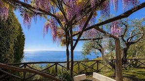 A garden with a wooden pergola, a stone bench, and a view of the sea. - AMORE RENTALS - Villa Raffaella with Private Pool and Sea View (Sant´Agata sui Due Golfi)