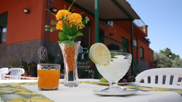 A table with a glass of orange juice, a pitcher of lentils, and a glass of white beverage with a lemon slice, set outdoors with a building in the background. - b&b Borgo Pileri (Mazzarino)