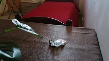 A room with a bed, a small table, and a window with curtains.