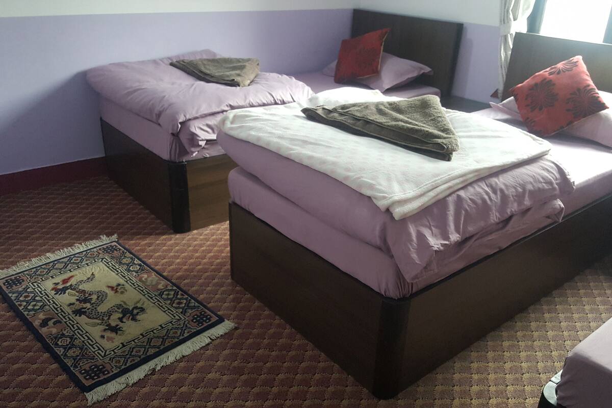 Ein Schlafzimmer mit zwei Einzelbetten, einem gemusterten Teppich und einem Fenster mit Vorhängen.