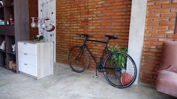 A room with a brick wall, a bicycle, a basketball, and a white cabinet.