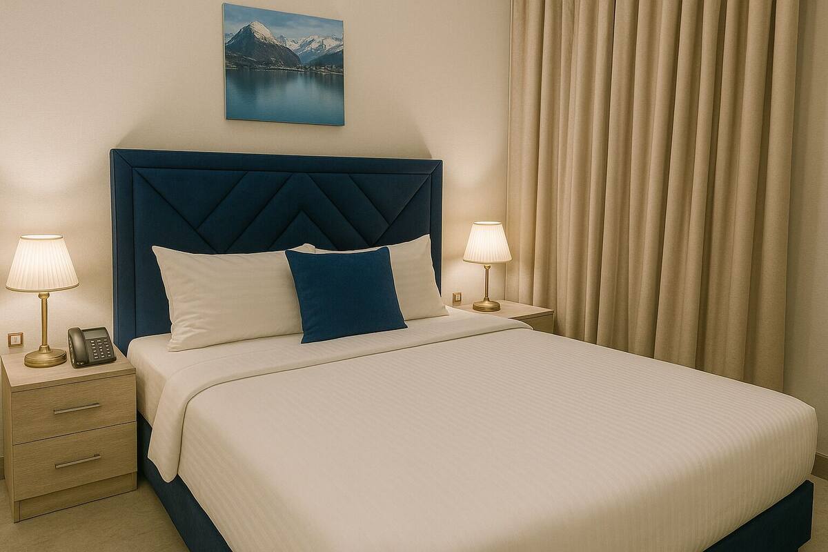 A neatly made bed with a tufted headboard, two bedside lamps, a nightstand with a telephone, and a painting of a mountain landscape on the wall.