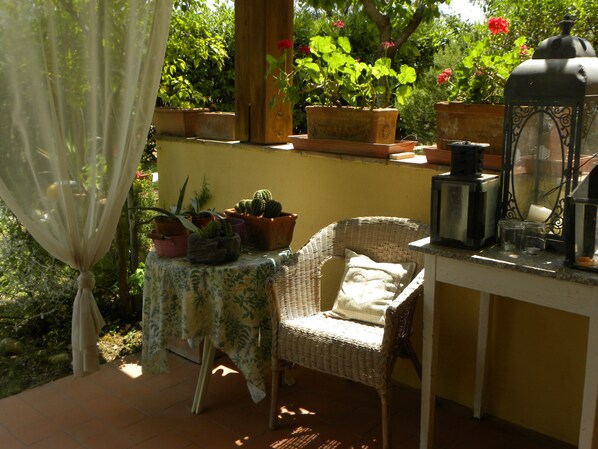 A patio with a wicker chair, a table with potted plants, a lantern, and a view of greenery.