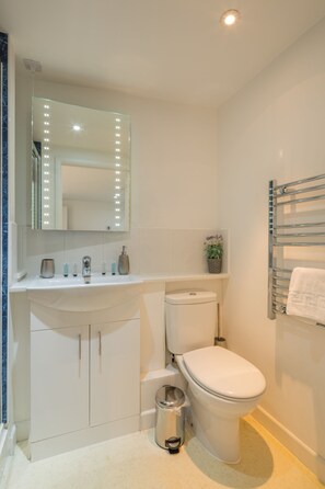 A bathroom with a white sink, mirror with lights, toilet, and towel rack. - Old Bakery (Cambridge)