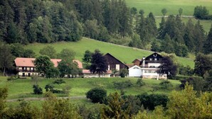 Paesaggio rurale con un gruppo di case circondate da fitta foresta e campi aperti.