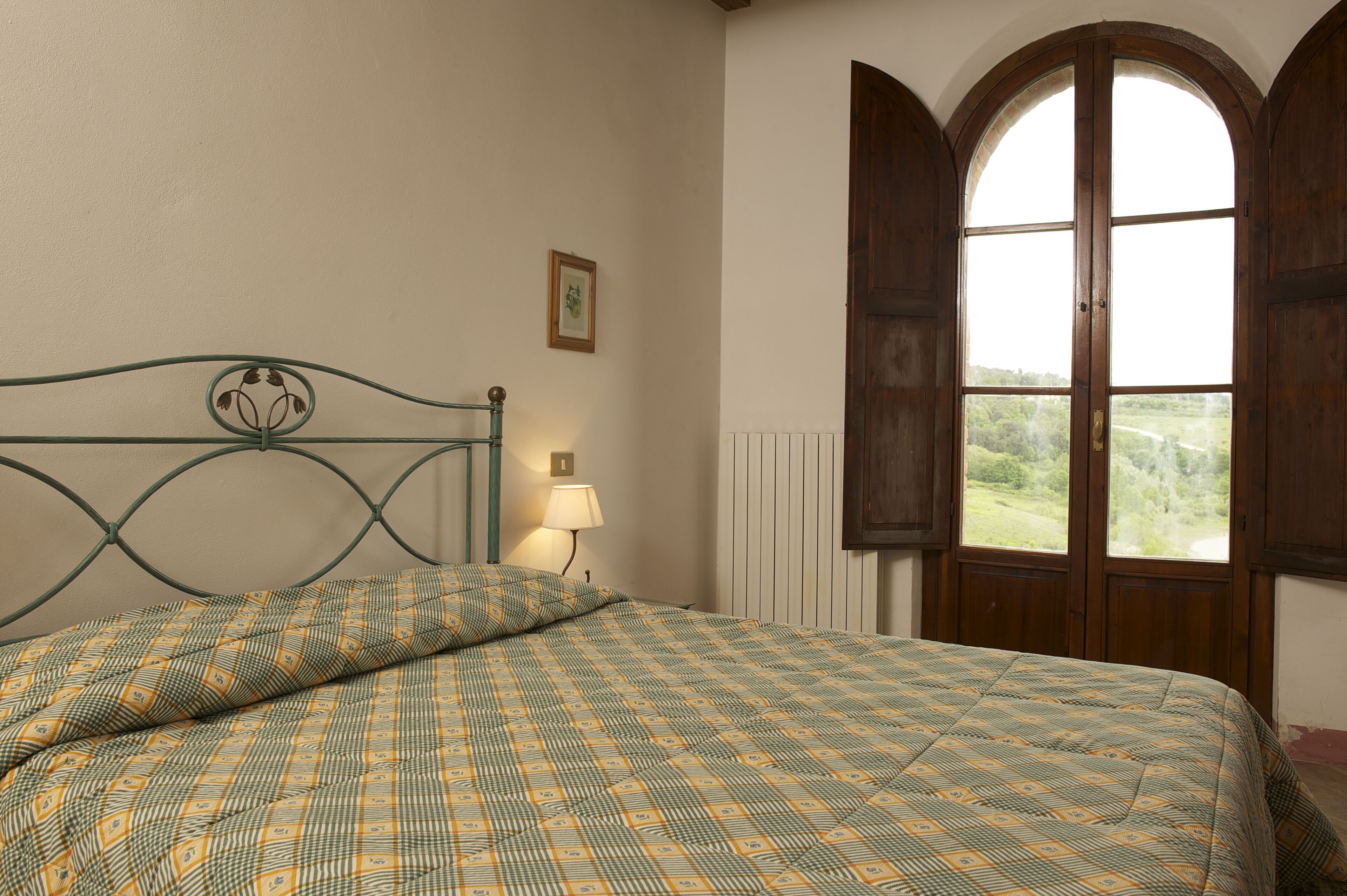 A bed with a checkered bedspread, a bedside lamp, a framed picture on the wall, and a large arched window with a view of greenery.