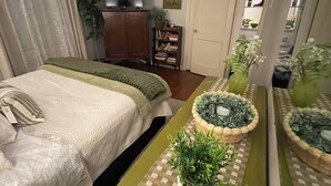Een slaapkamer met een bed, een nachtkastje met een plant, een plafondventilator, een kledingkast en een televisie.