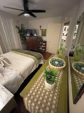 A bedroom with a bed, a bedside table with a plant, a ceiling fan, a wardrobe, and a television.