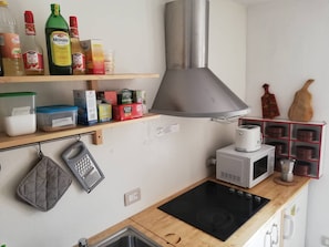 Mini-fridge, microwave, oven, stovetop