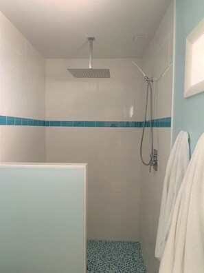 Combined shower/bathtub, hair dryer, towels, soap
