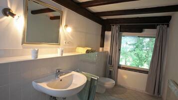 A bathroom with a white sink, a mirror, a toilet, and a window with curtains.