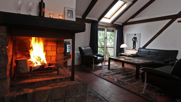 A cozy living room with a fireplace, a sofa, a coffee table, and a view of the outdoors through a skylight. - Feriengut Neuhof (Fehmarn)
