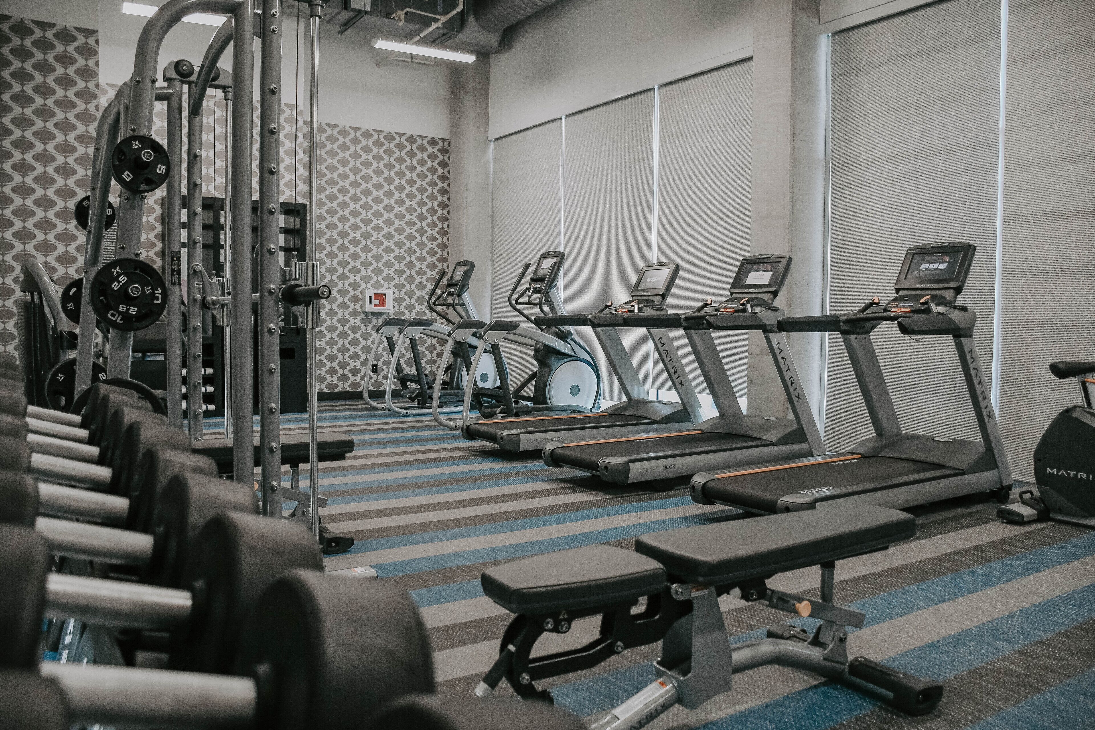 Un gimnasio con cintas de correr, máquinas de pesas y mancuernas.