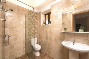 A modern bathroom with a glass-enclosed shower, a toilet, and a sink.