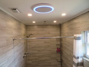 Shower, hair dryer, towels, soap