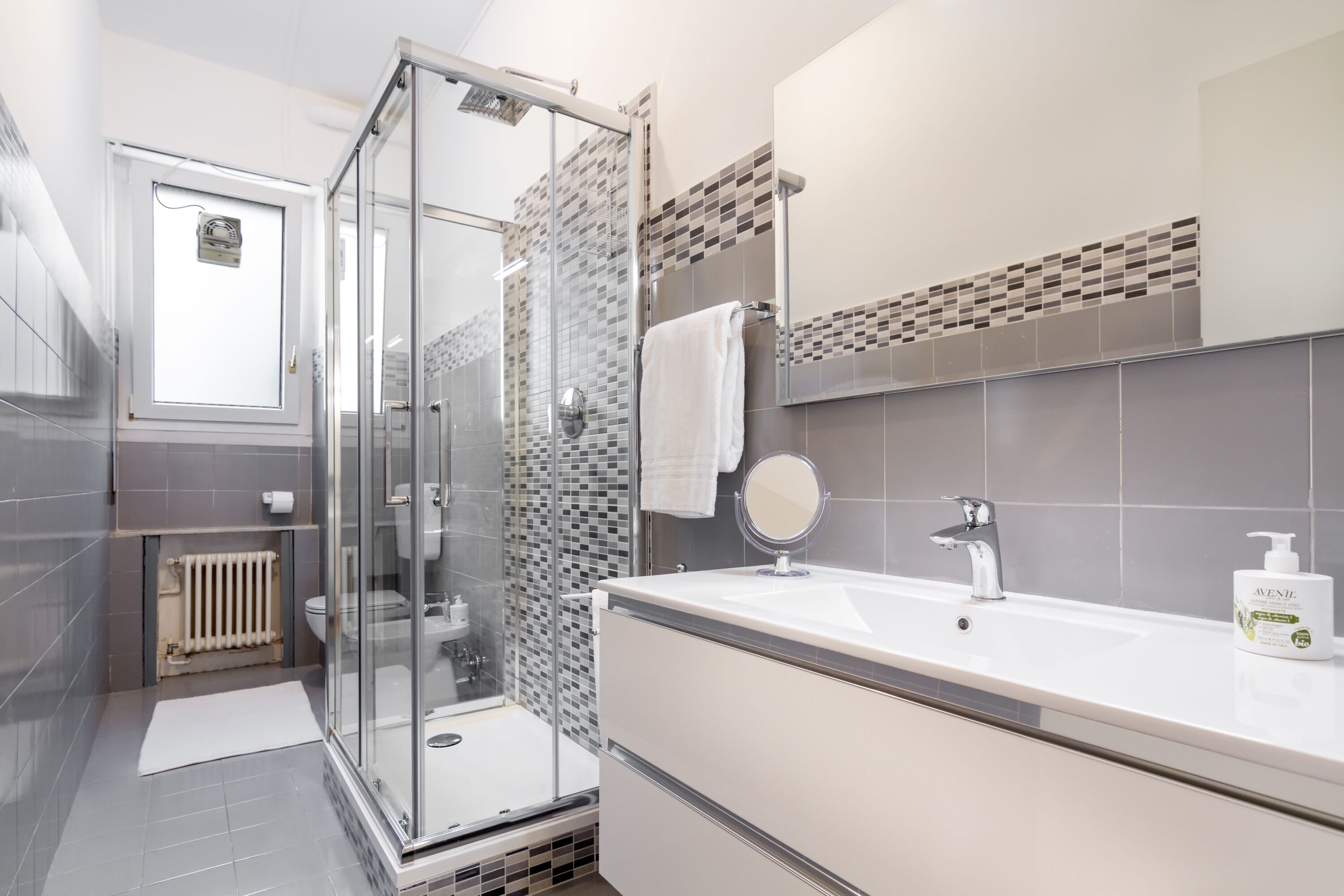 Shower, hair dryer, bidet, towels