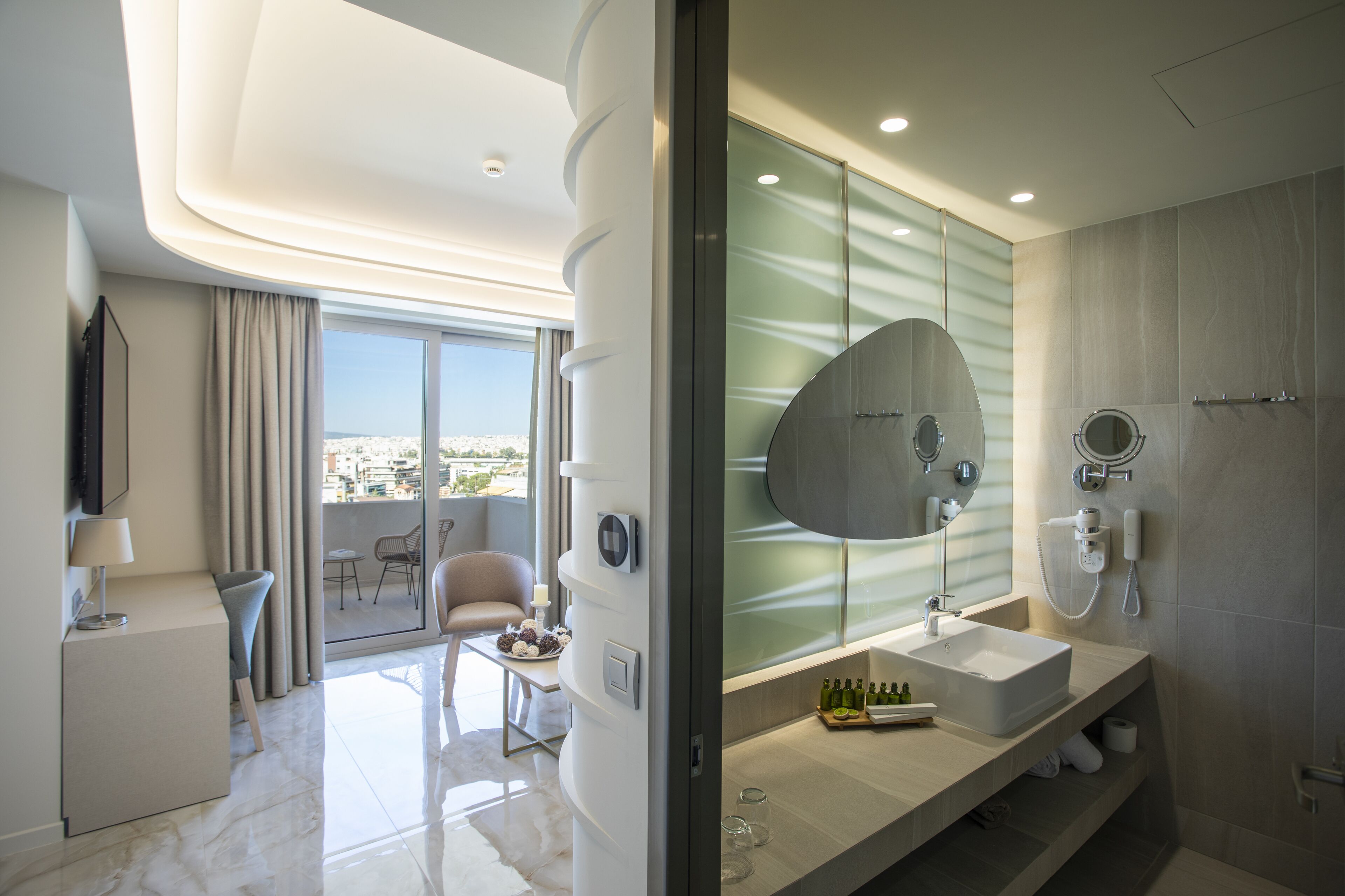 signature suite (athens view) | bathroom | shower, hydromassage showerhead, free toiletries, hair dryer