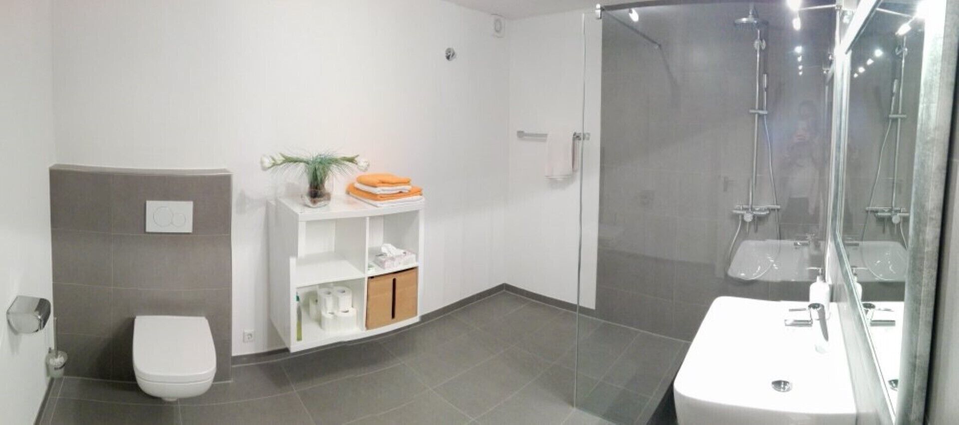 A modern bathroom with a toilet, a sink, a shower, and a small shelf with toiletries.