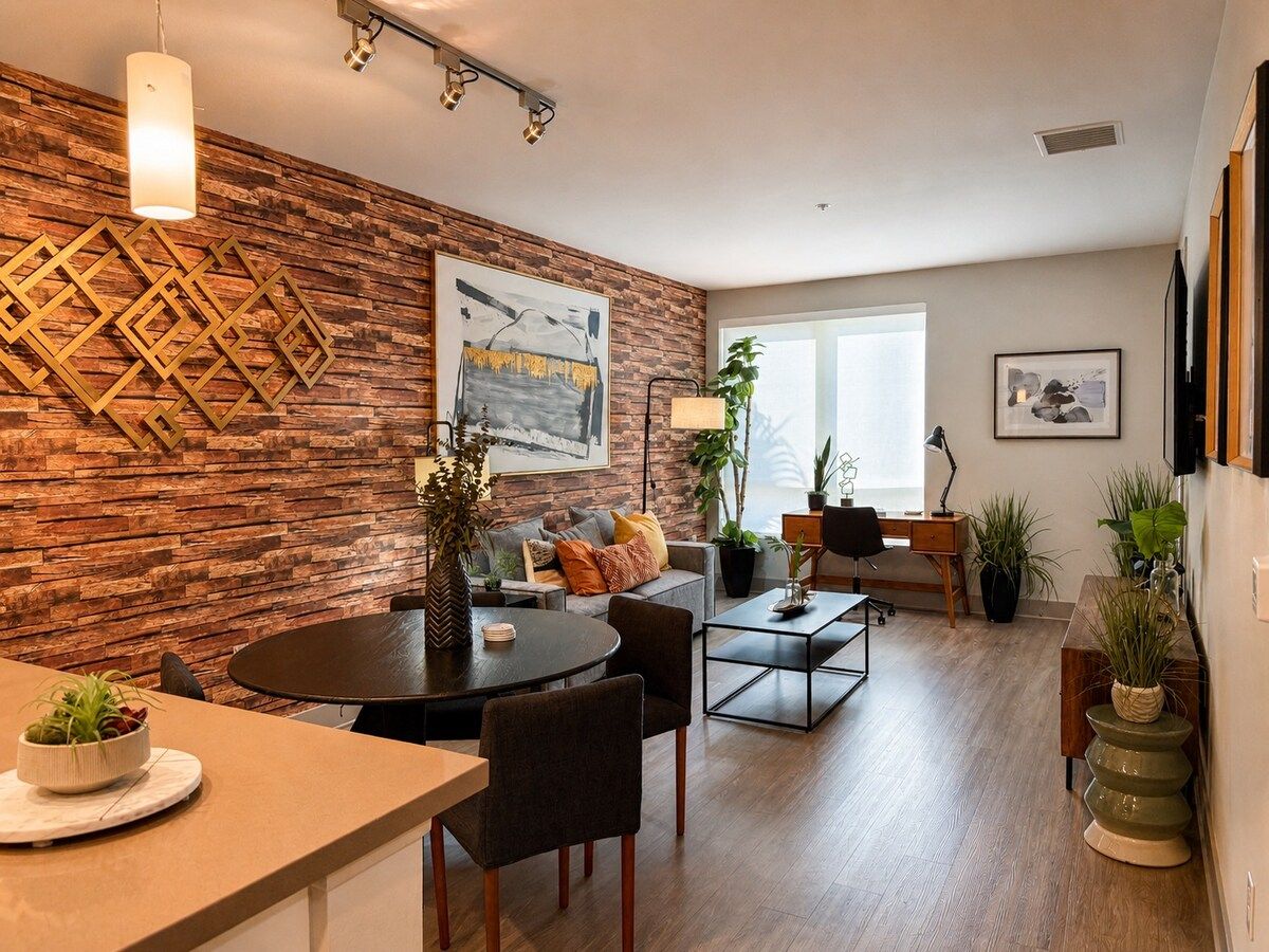 Open dining and living area with a wood accent wall and plenty of seating