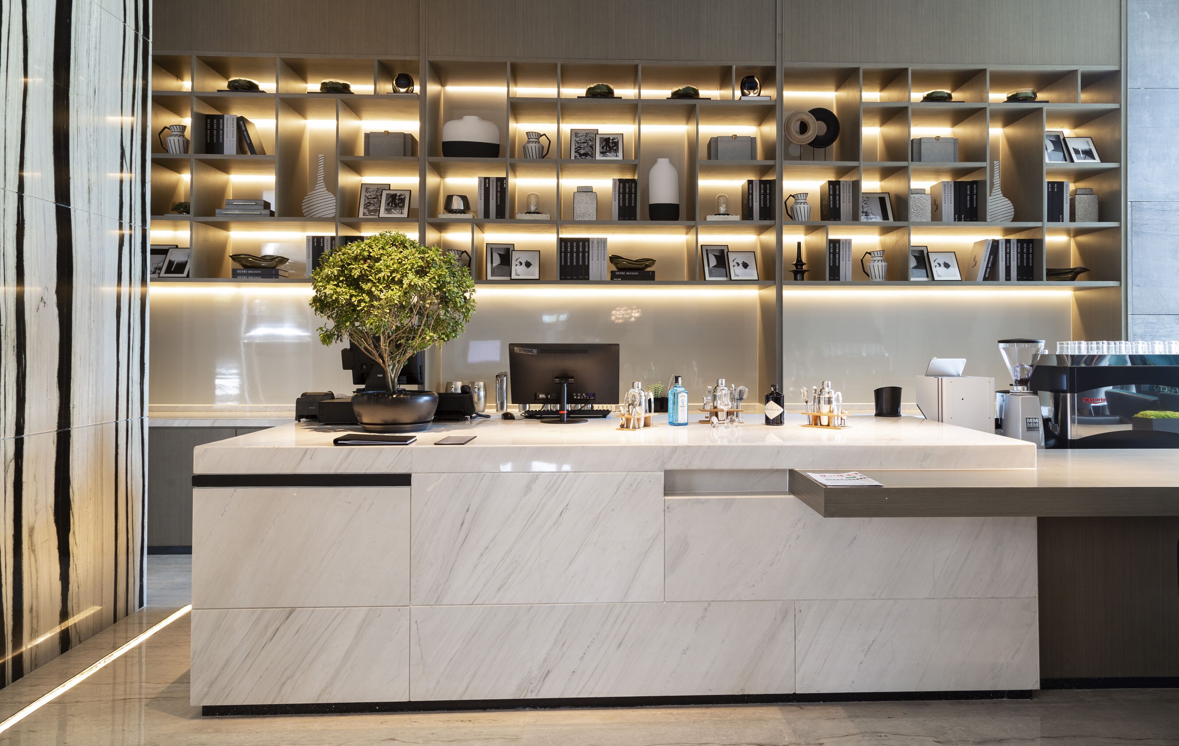 A modern reception area with a marble counter, a potted plant, and a well-organized shelf with various decorative items and books.