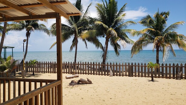 Una playa con valla de madera, palmeras y una estructura cubierta con techo.