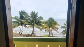 Vista de la playa con palmeras y el océano.