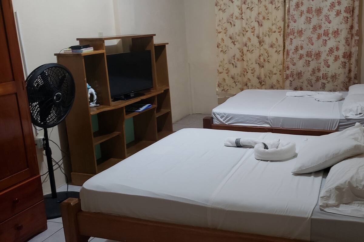 Una habitación de hotel con dos camas, un televisor en un estante de madera y un ventilador de pie.